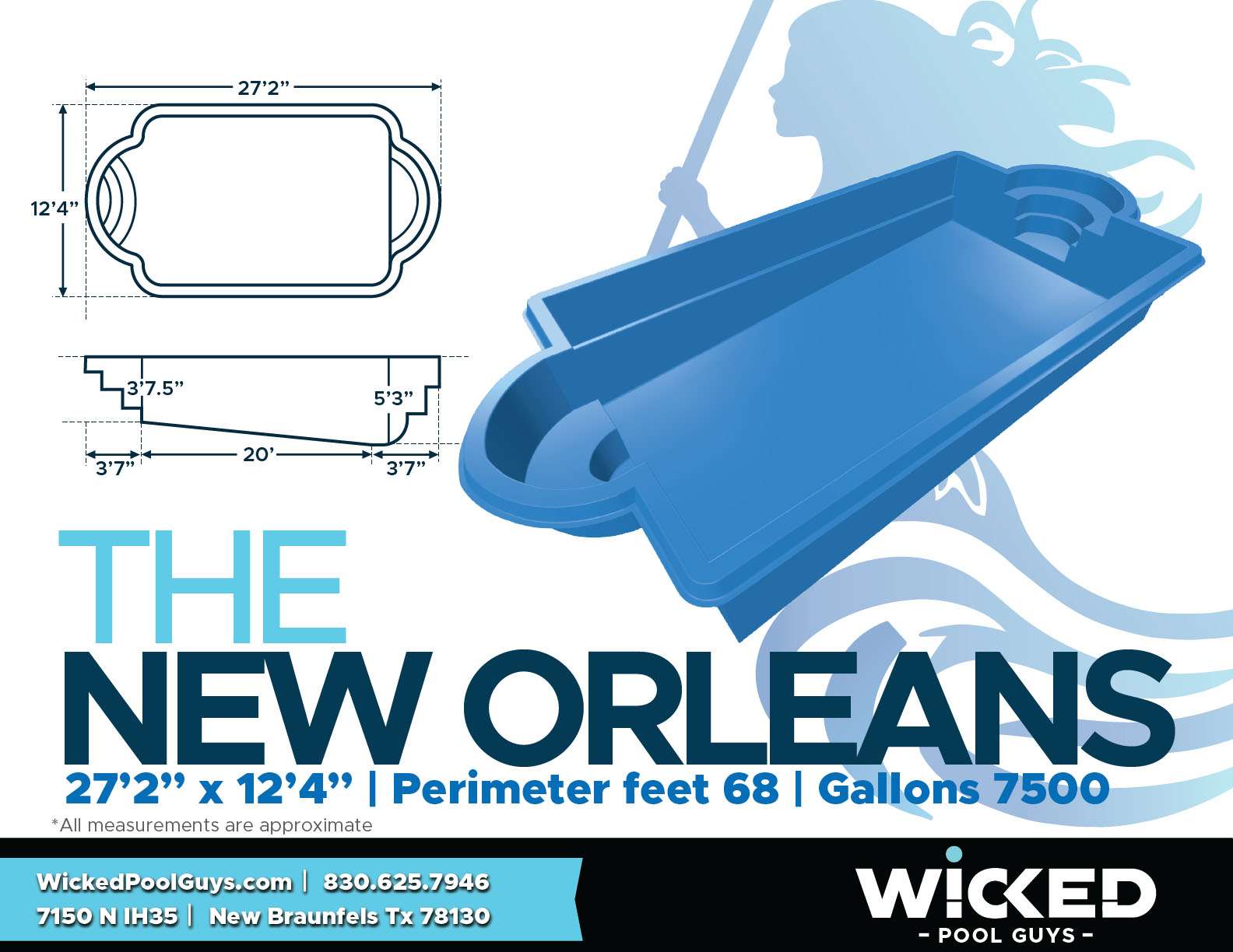 The New Orleans Small Fiberglass Pool measures 27’2” x 12’4”