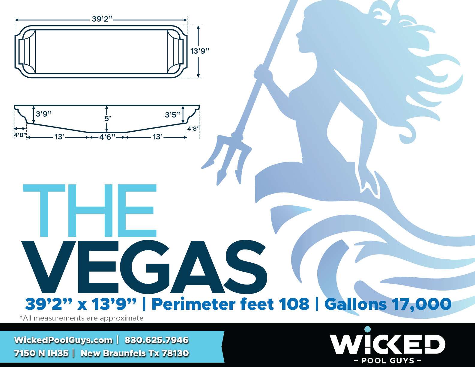 The Vegas large-sized in-ground Fiberglass Pool measures 39’2” x 13’9” The Vegas large-sized in-ground Fiberglass Pool measures 39’2” x 13’9”